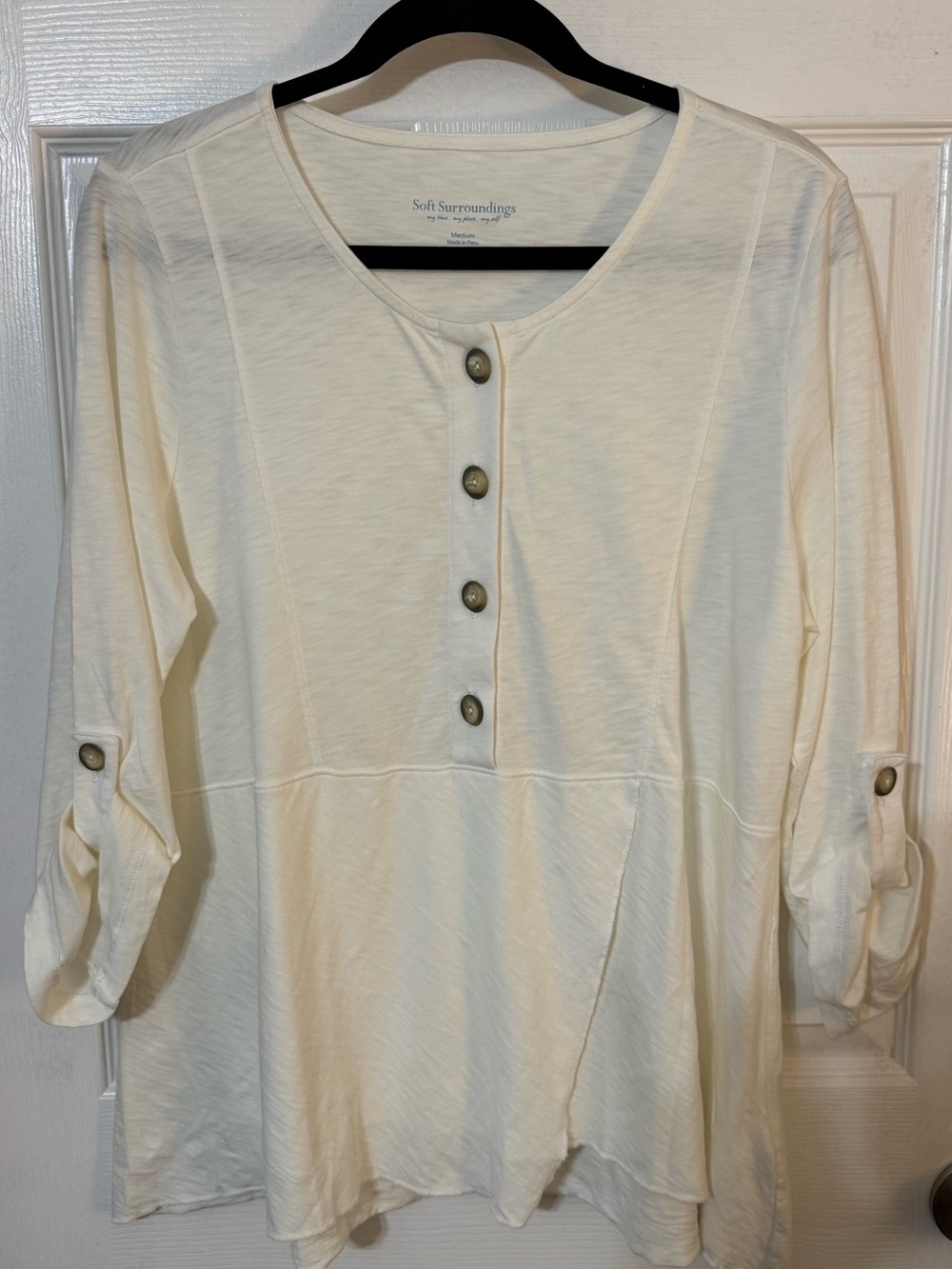 NWOT Soft Surroundings Cream Henley Tunic Top Roll Tab Sleeve M